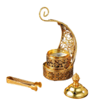 Golden Crescent Moon Metal Incense Burner with Lid & Tongs